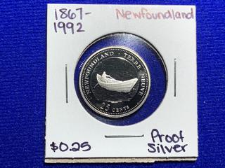 1992 Canada Twenty-Five Cent Silver Proof Coin "1867 - 1992, Newfoundland".