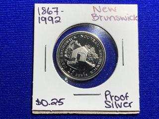 1992 Canada Twenty-Five Cent Silver Proof Coin "1867 - 1992, New Brunswick".