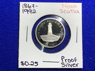 1992 Canada Twenty-Five Cent Silver Proof Coin "1867 - 1992, Nova Scotia".