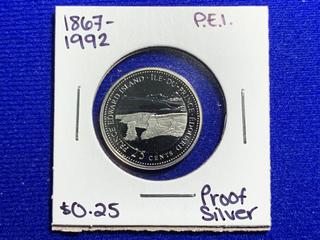 1992 Canada Twenty-Five Cent Silver Proof Coin "1867 - 1992, Prince Edward Island".
