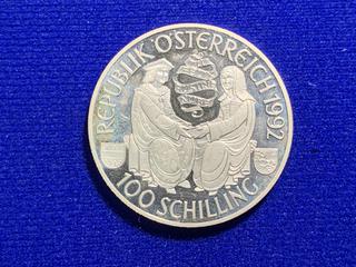 1992 Austria One Hundred Shilling Silver Coin.