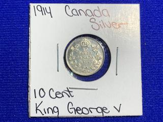 1914 Canada Ten Cent Silver Coin.
