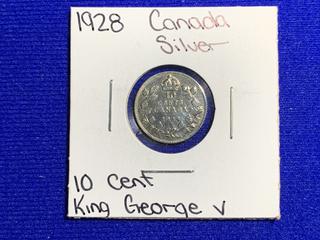 1928 Canada Ten Cent Silver Coin.
