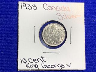 1933 Canada Ten Cent Silver Coin.