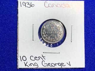 1936 Canada Ten Cent Silver Coin.