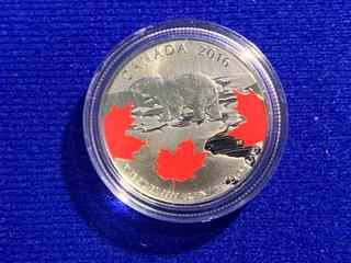 2016 Canada 25 Dollar .9999 Fine Silver Colour Printed Coin "Polar Bear".