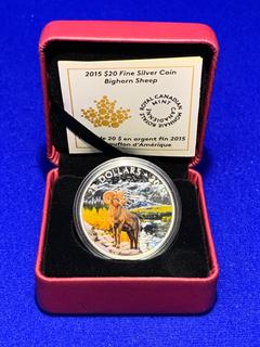 2015 Canada Twenty Dollar .9999 Fine Silver Colour Printed Coin "Big Horn Sheep", c/w Display Case.