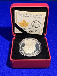 2014 Canada Twenty Five Dollar .9999 Fine Silver UHR Coin "The Fierce Canadian Lynx", c/w Display Case.