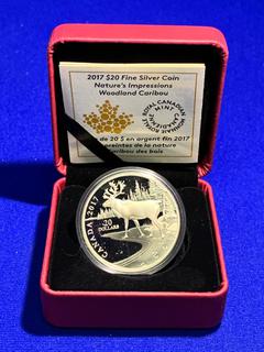 2017 Twenty Dollar .9999 Fine Silver Coin "Woodland Caribou", c/w Display Case.