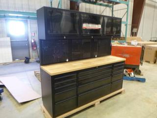 Unused 72 In. Black/Stainless Tool Chest with 15 Drawers, 3 Cabinets and Pegboard, 72 In. W x 18 In. D x 73.6 In. H, 6 In. Casters, Model HTC7218BS-G *Note: Minor Damage On Bottom*