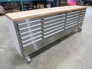 Unused 96 In. Stainless Steel Tool Bench w/ 24 Drawers, 96 In. L x 19 In. W X 38 In. H, Model HTC9624W