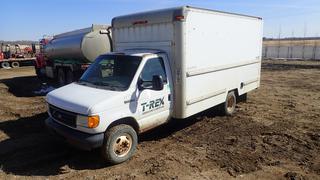 2006 Ford E-350 Super Duty Econoline Cube Van C/w 5.4L, V8, A/T, Wood Shelfing, 6in Bench Vise, 10ft High. Showing 353,227kms. VIN 1FDSE35L36HB21979 *Note: Running Condition Unknown, No Battery, Missing Passenger Mirror, Torn Seats, Paint/Rust Damage*