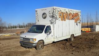 1999 Ford E-450 Cutaway Cube Van C/w 7.3L, V8, A/T, Diesel, Shelving, Work Table And Bench Vise. Showing 352,679kms. VIN 1FDXE40F6XHA12768 *Note: Running Condition Unknown, No Batteries, Flat Tires*