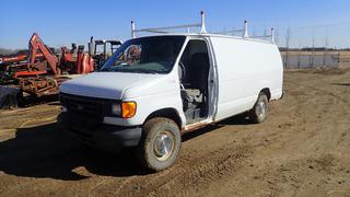 2005 Ford E-250 4X2 Econoline Cargo Van C/w 4.6L, V8, A/T, Custom Shelving. Showing 248,204kms. VIN 1FTNS24W35HA44965 *Note: Running Condition Unknown, Drivers Door Unattached, Passenger Window Damaged, Right Rear Window Damaged, No Radio, No Vent Covers, Seats Torn*