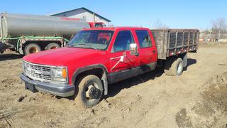 1998 Chevrolet 3500 Crew Cab Pick Up C/w 7.4L Vortec, V8, Manual Transmission, Custom 10ft Box, Front Cloth Seats, Rear Leather Seats. Showing 323,404kms. VIN 1GBHC33J2WF016078 *Note: No Battery, Has Some Damage*