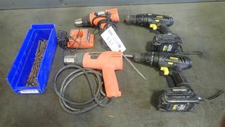 Paslode HG1300 120V Heat Gun C/w (2) 3/8in Champion Cordless Drills And Assorted Drill Bits