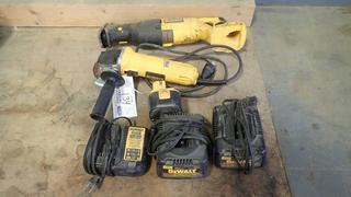 Dewalt DWE4011 4 1/2in 120V Angle Grinder C/w Dewalt DC385 18V Cordless Reciprocating Saw And (3) Battery Chargers