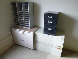 (2) 2-Drawer Filing Cabinets, (1) 3-Drawer Filing Cabinet And (1) 36-Slot Storage Unit