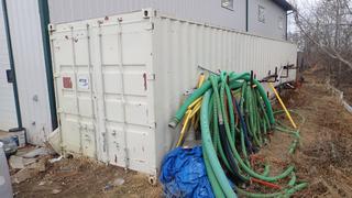 40ft Storage Container C/w Wood Shelving, Metal Rack, Assorted Hoses/Tubing, Furniture And Tires *Note: Buyer Responsible For Load Out*