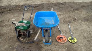 Seed Spreader, (2) Meter Markers And (1) Broken Wheel Barrow