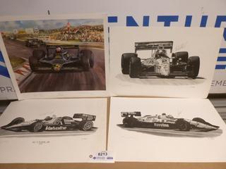 (3) Signed D. Gray Indy Race Car Prints, (1) Signed Michael Turner Indy Race Car Print (Upstairs)