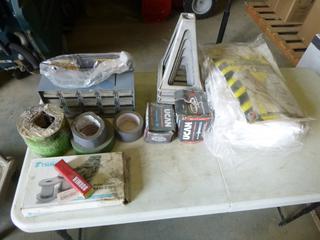 Qty of XL Disposable Tyvek Coveralls, Duct Tape, Painters Tape, Roller Chain, Concrete and Nail Drive Anchors, Screw Organizer (G2)