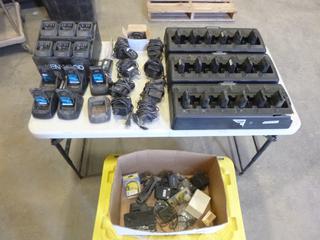 Qty of Kenwood Batteries, Charging Stations and Other Accessories c/w Tote