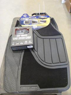 Unused Car and Driver Dash Cam with Unused Goodyear 4 Piece Set of Universal Floor Mats (C1)