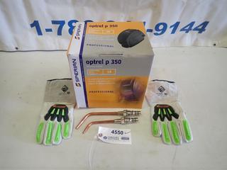 Unused Sperian Optrel P350 Professional Welding Helmet, Smith Torch Tips and Gloves (D2)
