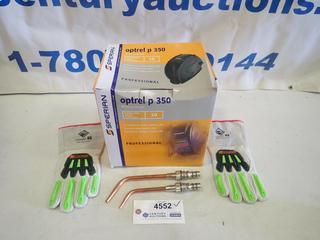 Unused Sperian Optrel P350 Professional Welding Helmet, c/w Smith Torch Tips and Gloves (D2)
