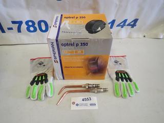 Unused Sperian Optrel P350 Professional Welding Helmet, c/w Smith Torch Tips and Gloves (D2)
