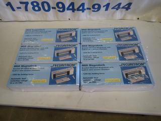 (6) Unused Securitron Bracket Mounted Magnalocks w/ Built in Wire Access Chamber, Model M68DLST, 12 or 24 VDC. 1200 Lb. Force (S3-2)