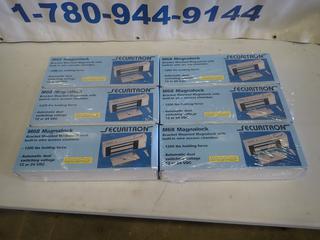 (6) Unused Securitron Bracket Mounted Magnalocks w/ Built in Wire Access Chamber, Model M68DLST, 12 or 24 VDC. 1200 Lb. Force (S3-2)