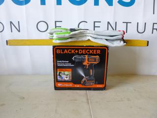 (1) Black and Decker 12V Drill, (1) MD Smart Tool Digital 2 Ft. Level, Size 9 and Size 10 Work Gloves (E-2)
