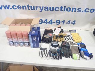 Assorted Unused Items: (8) 14 Oz. Cans Auto Sparkle Tire Shine, Qty of Gloves, Socks and Safety Goggles (C2)