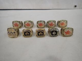 (10) Unworn Replica Championship Rings, 6- 2004 Canada Simon Gagne, 2- 1994 Canada Bill Ranford, 1- 1984 Edmonton Oilers Wayne Gretzky, 1- 2010 Canada Sidney Crosby (Upstairs)