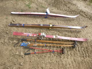 (2) Sets of Cross Country Skis, (1) Set of Down Hill Skis and (3) Sets of Ski Poles