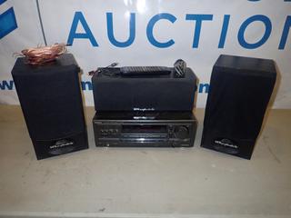 Technics Stereo Receiver, Model SA-EX510, 120V, C/w (2) Wharfedale Valdus 200 100W Speakers, (1) Valdus Centre 100W Speaker, Remote and Assorted Speaker  (G2)