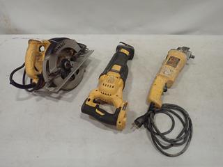 (3) DeWalt Power Tools: (1) 7 1/4 In. Circular Saw, 15 A, SN 262392, Brushless 60 V Cordless Reciprocating Saw, *Note: No Battery or Charger*, And 5 In. Angle Grinder, Type 5, SN 281053, *Note: Saw and Grinder Work* (B2)