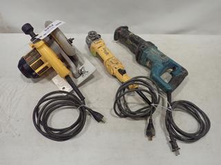 DeWalt 7 1/4 In. Type 6 Circular Saw, SN 999416, DeWalt 5 In. Angle Grinder, Type 1, 120 V, 13 A, SN 108915, Makita Reciprocating Saw, Model JR3050T, 120 V, 11 A, SN 00685163 (B2)