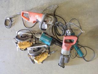 Qty of Misc. Shop Tools: (2) DeWalt Circular Saws, (2) Makita Angle Grinders, (1) Milwaukee Sawzall, (1) Husqvarna Cut-Off Saw, *Note: Plugs Have Been Removed, Running Condition Unknown* (O-3-1)