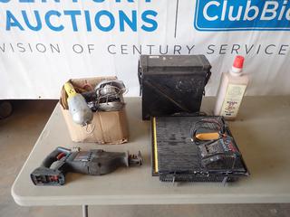 Bosch Reciprocating Saw with Charger, *Note: No Battery*, Plasplugs Diamond Wheel Wet Saw, *Note: No Blade*, Storage Bin, BDS Supply Nut So Scrub, Qty of Trouble Lights, *Note: Need Repair* (Z)