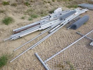 Assorted Galvanized Steel Posts, Pipe Rails, 9 Gauge Galvanized Chain Link Fence Roll, 6 Ft. H Unknown Length, Assortment of Galvanized Caps, Clips, Bands, Barb Wire Arms (NF-9)