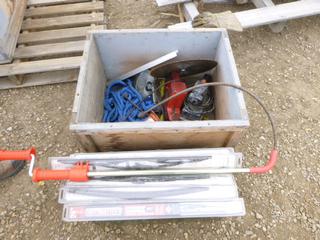 Qty of Parts, Tools, Hardware: Saw Blades, Safety Rope, Toilet Snake, Hydraulic Jack, Reciprocating Saw, Wiper Blades, Level, Tool Box, 21.5 In. x 10 In. x 10 In., *Note: Some Pieces Missing, Some Items Work, Some Do Not*