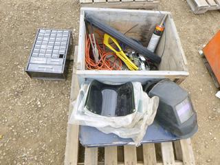 Qty of Parts, Tools, Hardware: Welding Helmet, Face Shields, Trouble Light, *Note: Not Working* Cable Scraper, Cable Puller, Tool Box, 16 In. x 12 In. x 10 In., Small Storage Bin Including Contents