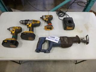 (1) Bosch 24V Series Sawzall (No Battery), (2) Dewalt 1/2 In. 18V Impact Drill, (1) Battery Charger *Note: Does Not Work* (F2)