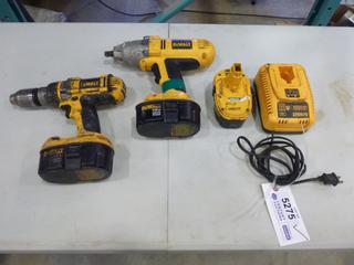 (1) Dewalt 1/2 In. Cordless Impact Wrench c/w Battery and Charger, (1) Dewalt 1/2 In. Cordless Drill c/w Battery, (1) Extra Battery (F2) 