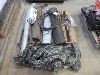 Qty of Misc Supplies Including Oil Analysis Bottles, Caution Tape, Rachet Straps, Flex Exhaust Pipe, Tar Paper Cover and More