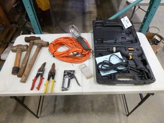 (1)3/8 In.  MasterCraft Drill, C/w Case, (1) Trouble Light. (1) Stapler, Staples, Cutters, Sledge Hammer (F2)