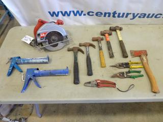 Qty of Tools Includes (1) 7 1/4 In. Skilsaw, Hammers, Cutters, Axe, Caulking Gun (E-2)
